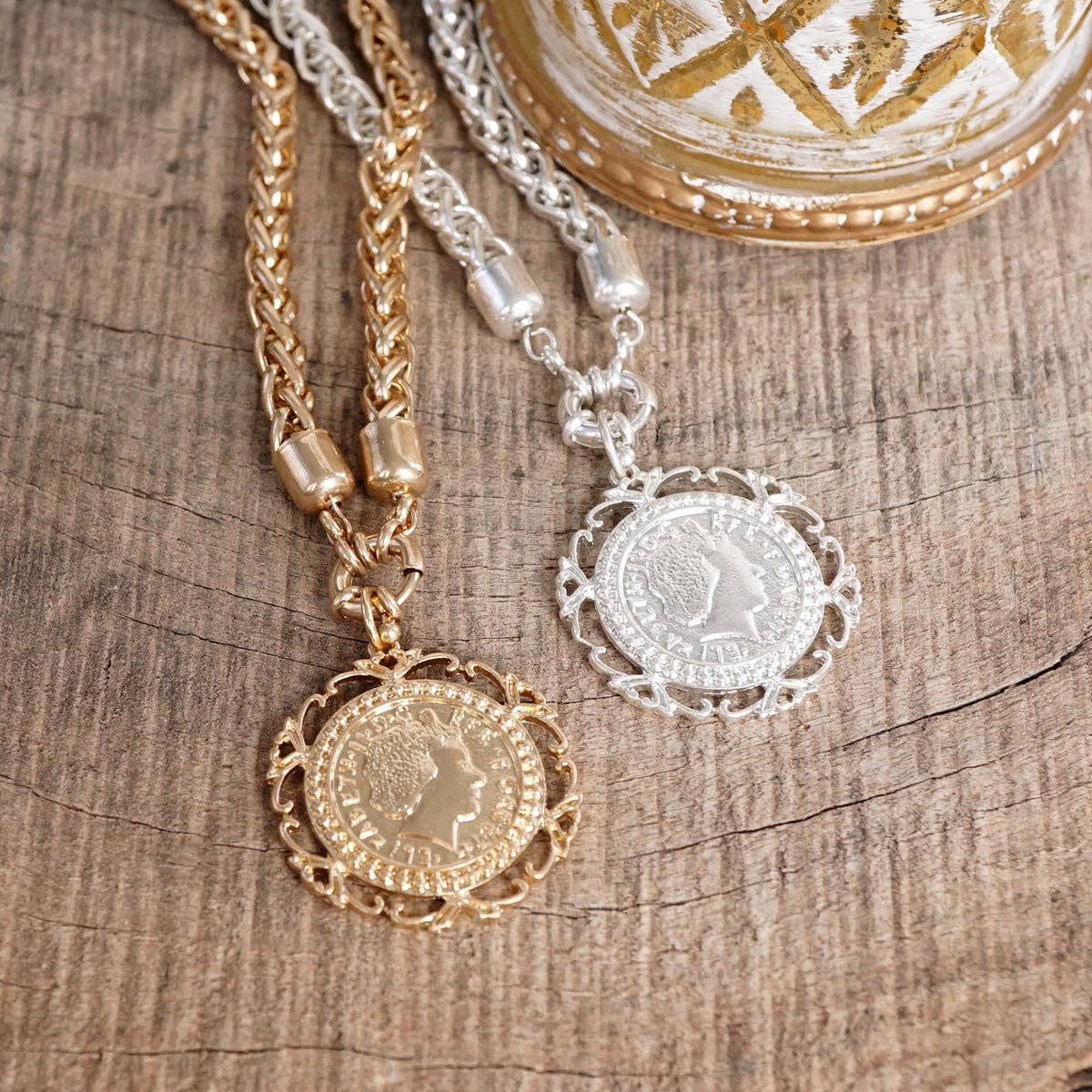 Heirloom Reverie – Ornate Coin Pendant Necklace: Worn Silver Tone