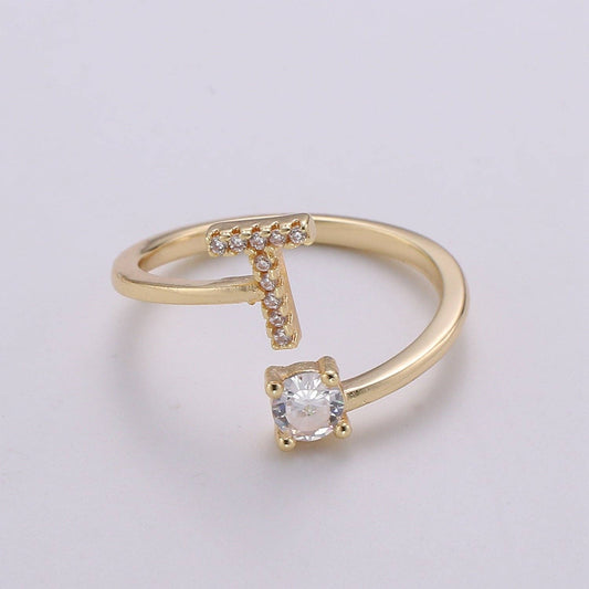 Adjustable Gold Initial Ring With CZ R370~R395: T