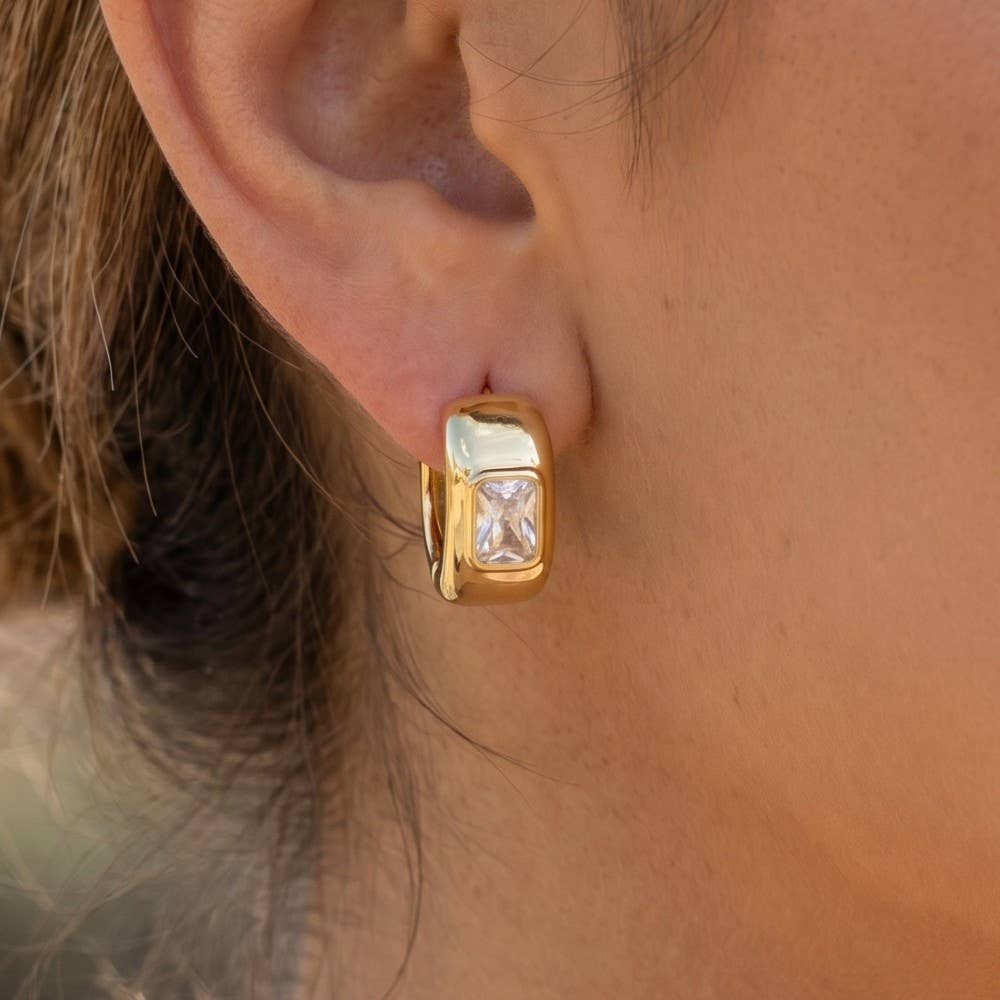 Gold Dipped Cz Baguette Wide Hinge Hoop Earrings