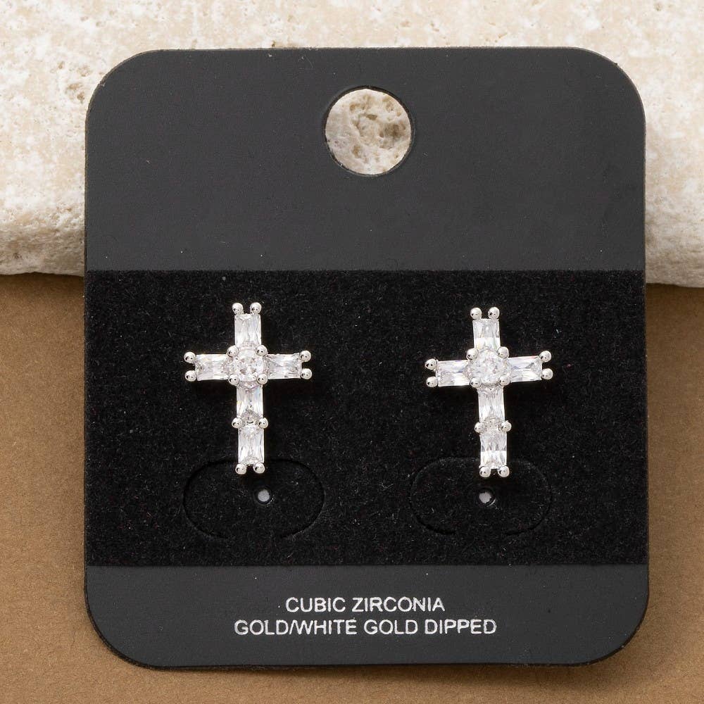 Gold Dipped Cz Baguettes Cross Stud Earrings: G