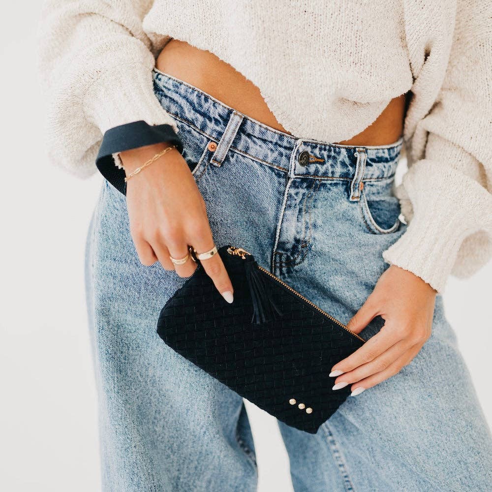 Suede Emma Woven Clutch Wristlet: Black