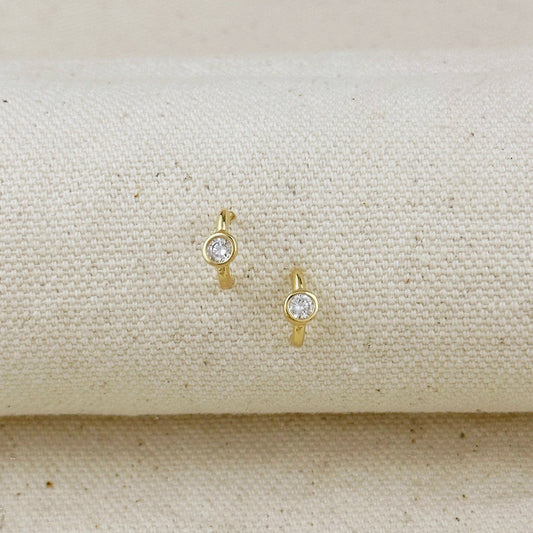 18k Gold Filled Solitaire Bezel CZ  C-Hoop Earrings