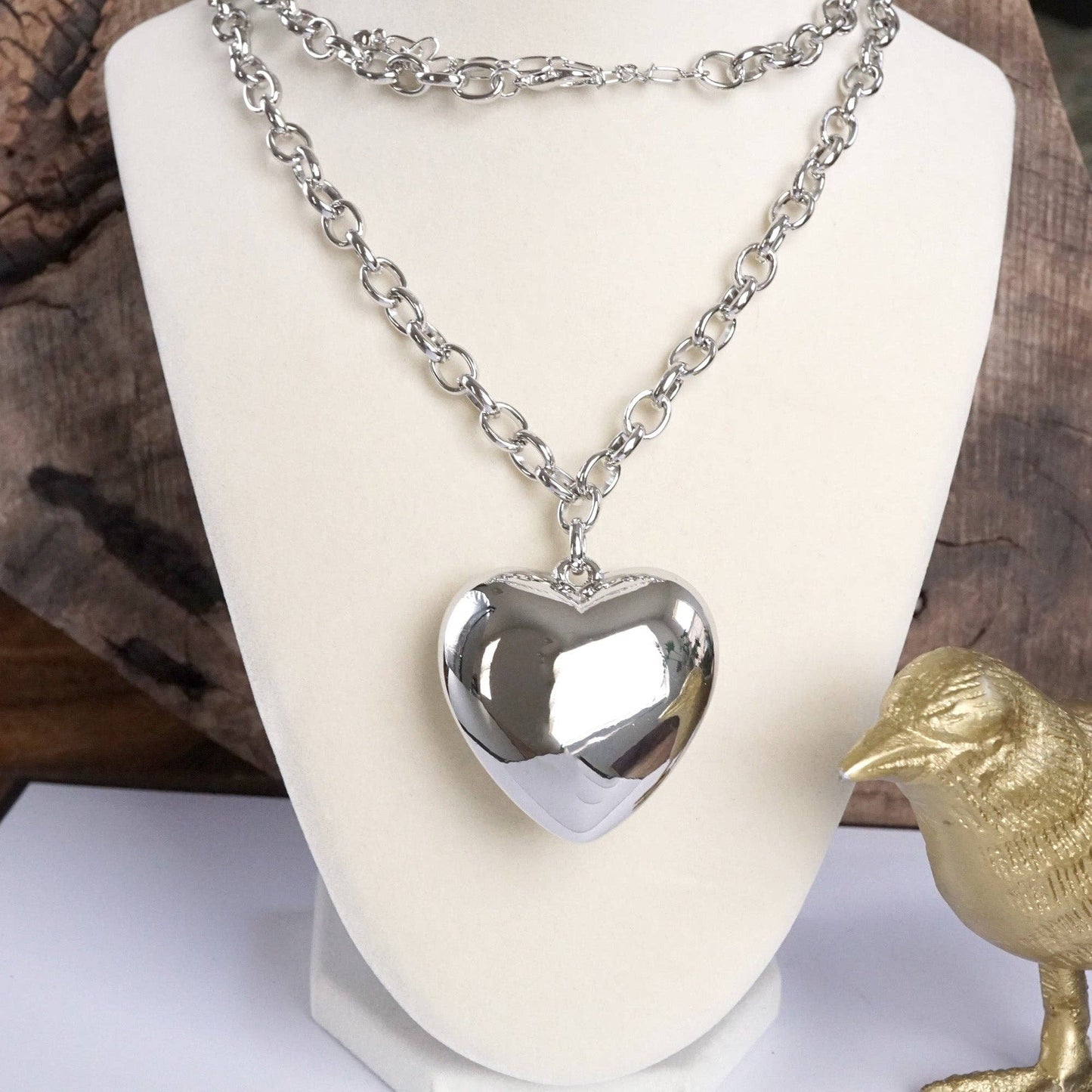 Long Minimal Chain Necklace with Puffy Heart – Gold or Silver Tone: Silver Tone