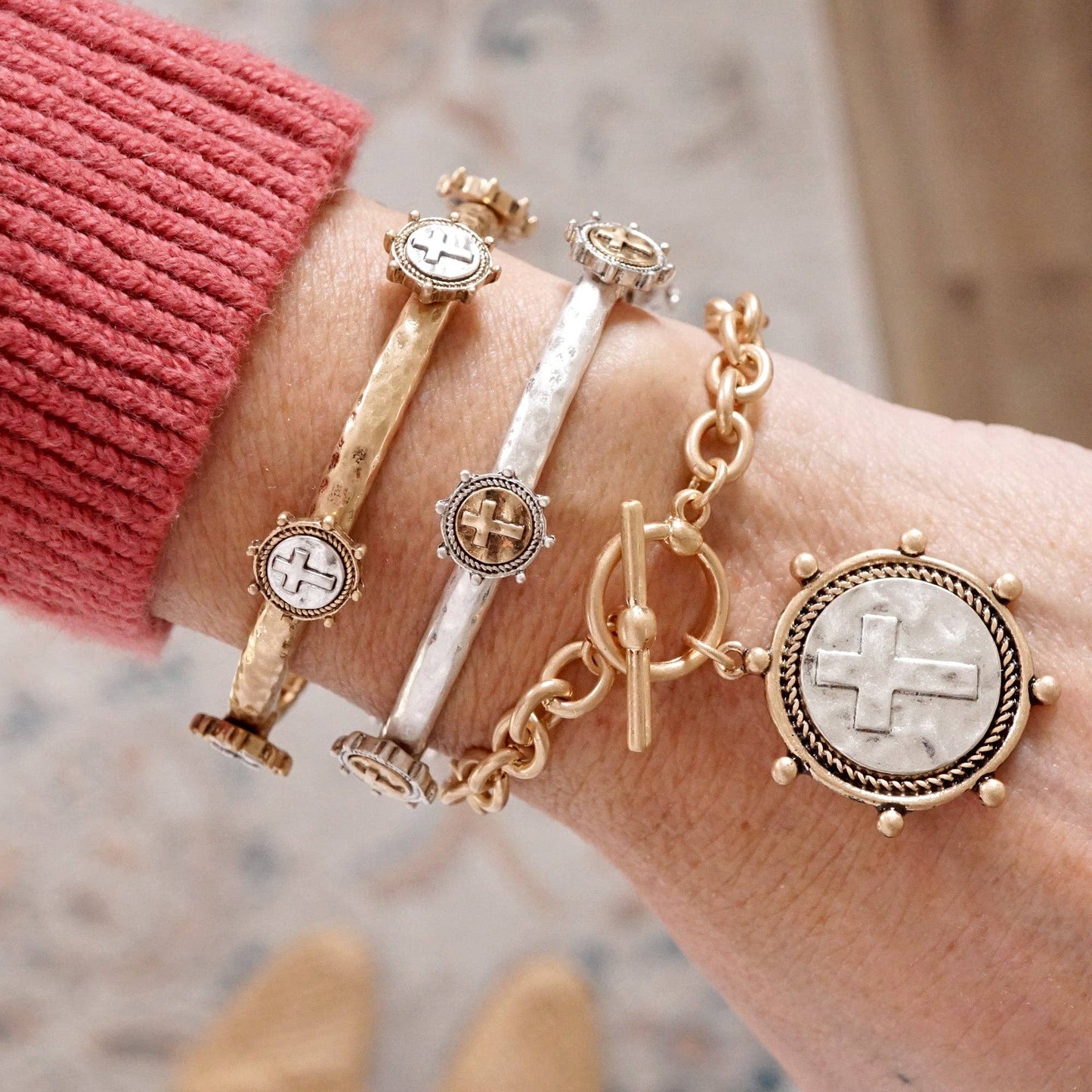 Cross Coin Chain Bracelet Toggle Closure Silver or Gold Tone: Silver Tone