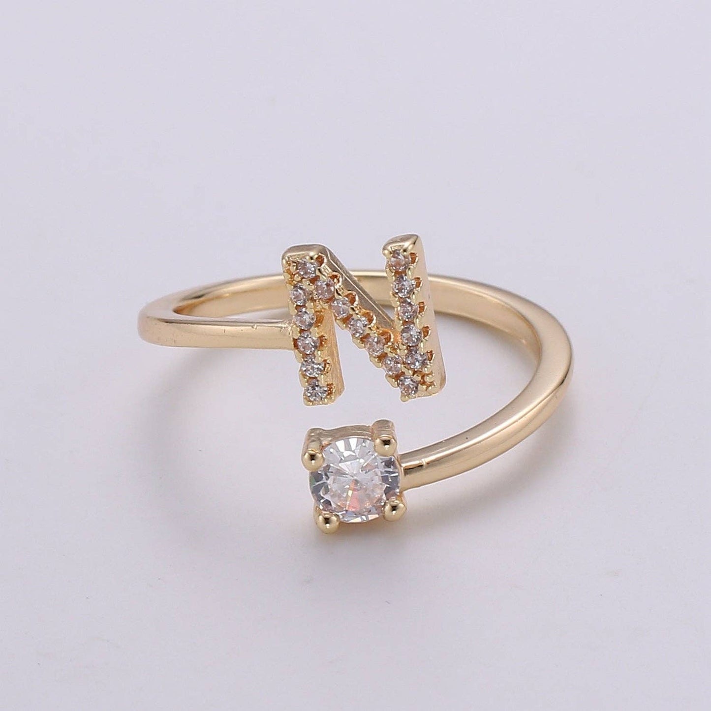 Adjustable Gold Initial Ring With CZ R370~R395: D