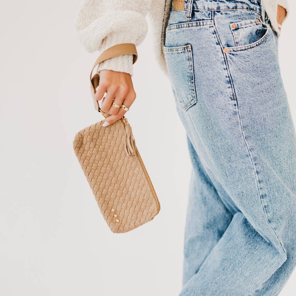 Suede Emma Woven Clutch Wristlet: Burgundy