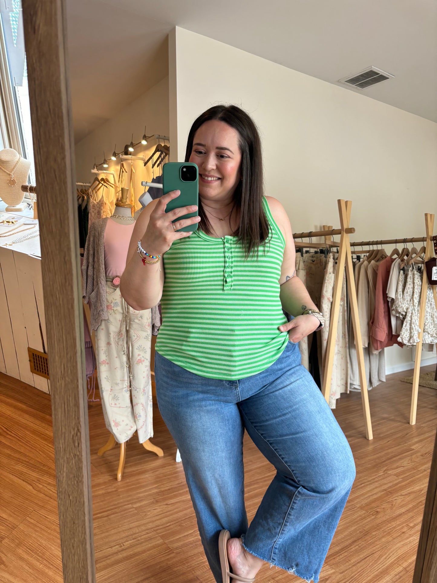 Key Lime Stripe Henley Tank Top