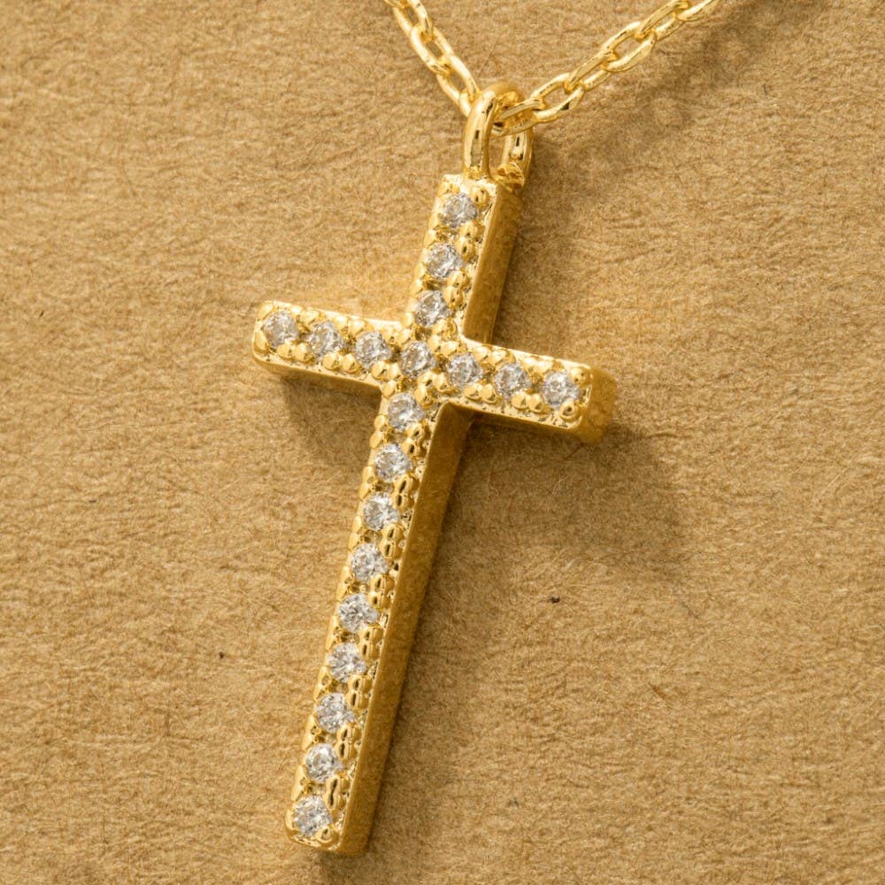 Gold Dipped Cz Pave Cross Pendant Necklace: G