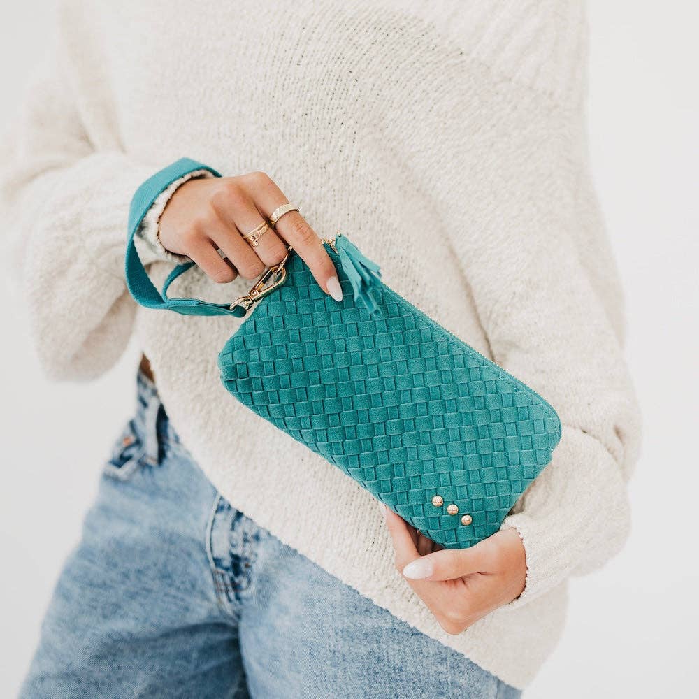Suede Emma Woven Clutch Wristlet: Burgundy