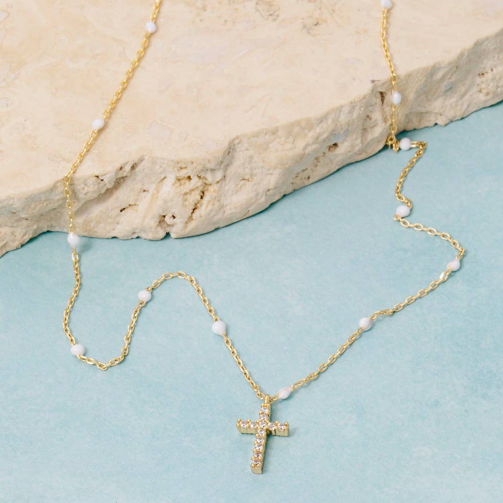 Gold Dipped Station Cz Cross Pendant Necklace: GOLD