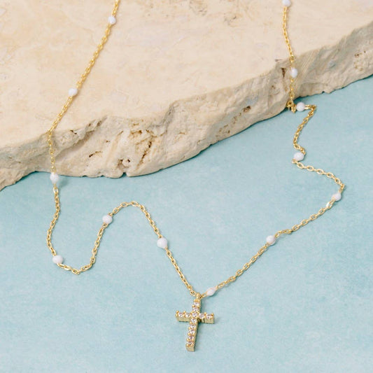 Gold Dipped Station Cz Cross Pendant Necklace: GOLD