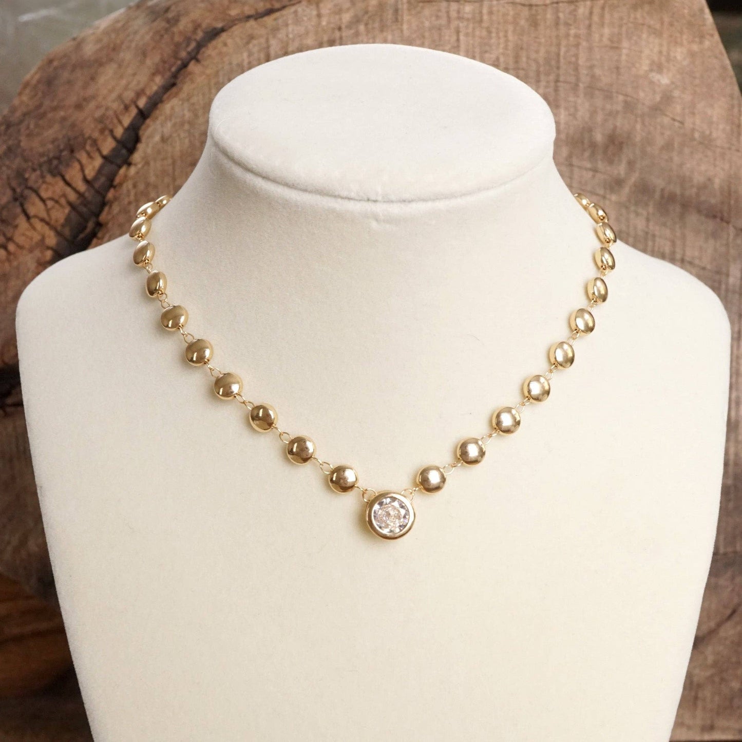 Clear Crystal Bezel Pendant Dot Chain Neckline Necklace: Gold Tone