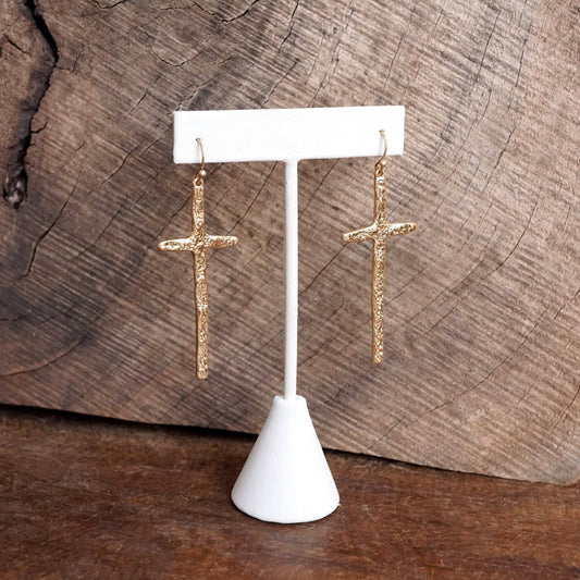 Primitive Cross Earrings Dangle Drop Gold Silver: Worn Gold Tone