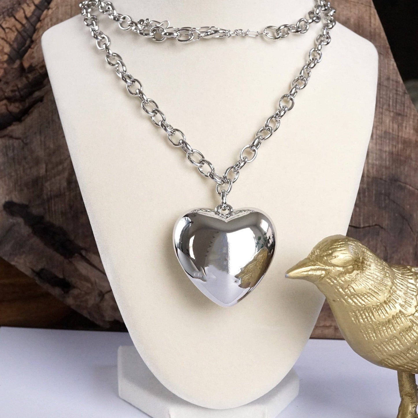 Long Minimal Chain Necklace with Puffy Heart – Gold or Silver Tone: Gold Tone