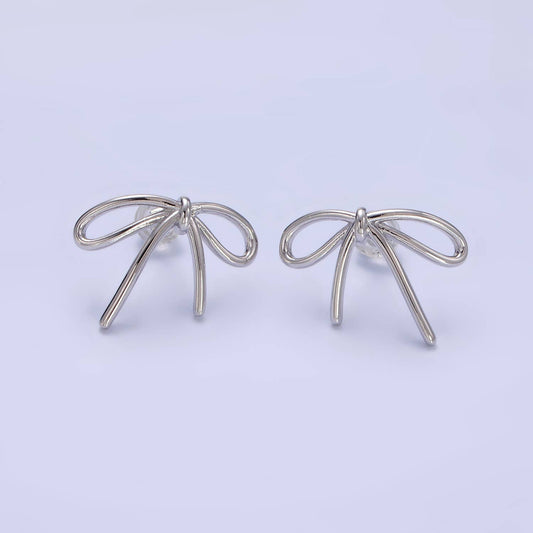 14K Gold Filled Minimalist Tied Ribbon Bow Stud Earrings : Sliver