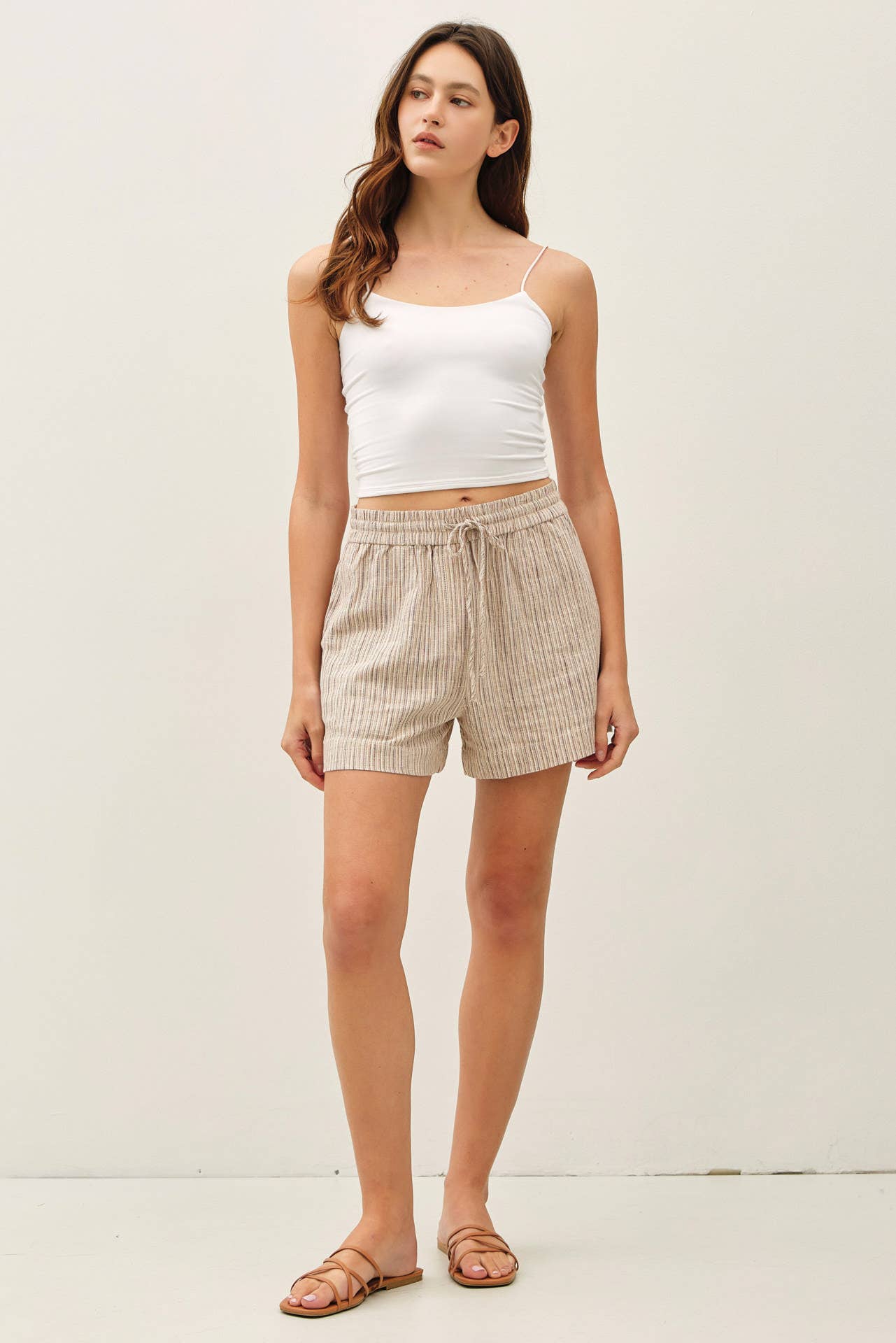Linen Blend Striped Shorts in Brown