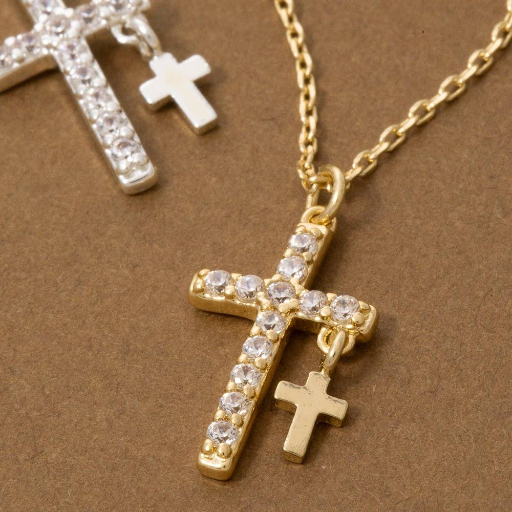 Secret Box Gold Dipped Cz Cross Pendant Necklace: WG