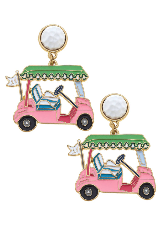 Carting Around Enamel Golf Cart Earrings in Pink & Green