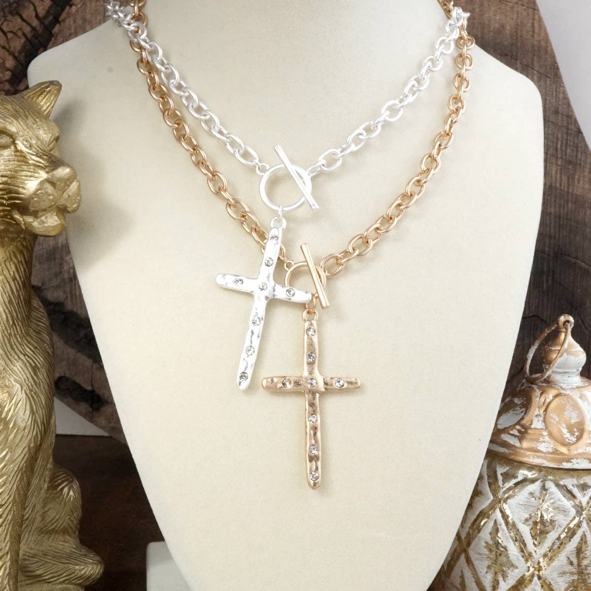 Divine Simplicity – Hammered Cross Front Toggle Necklace: Worn Gold Tone