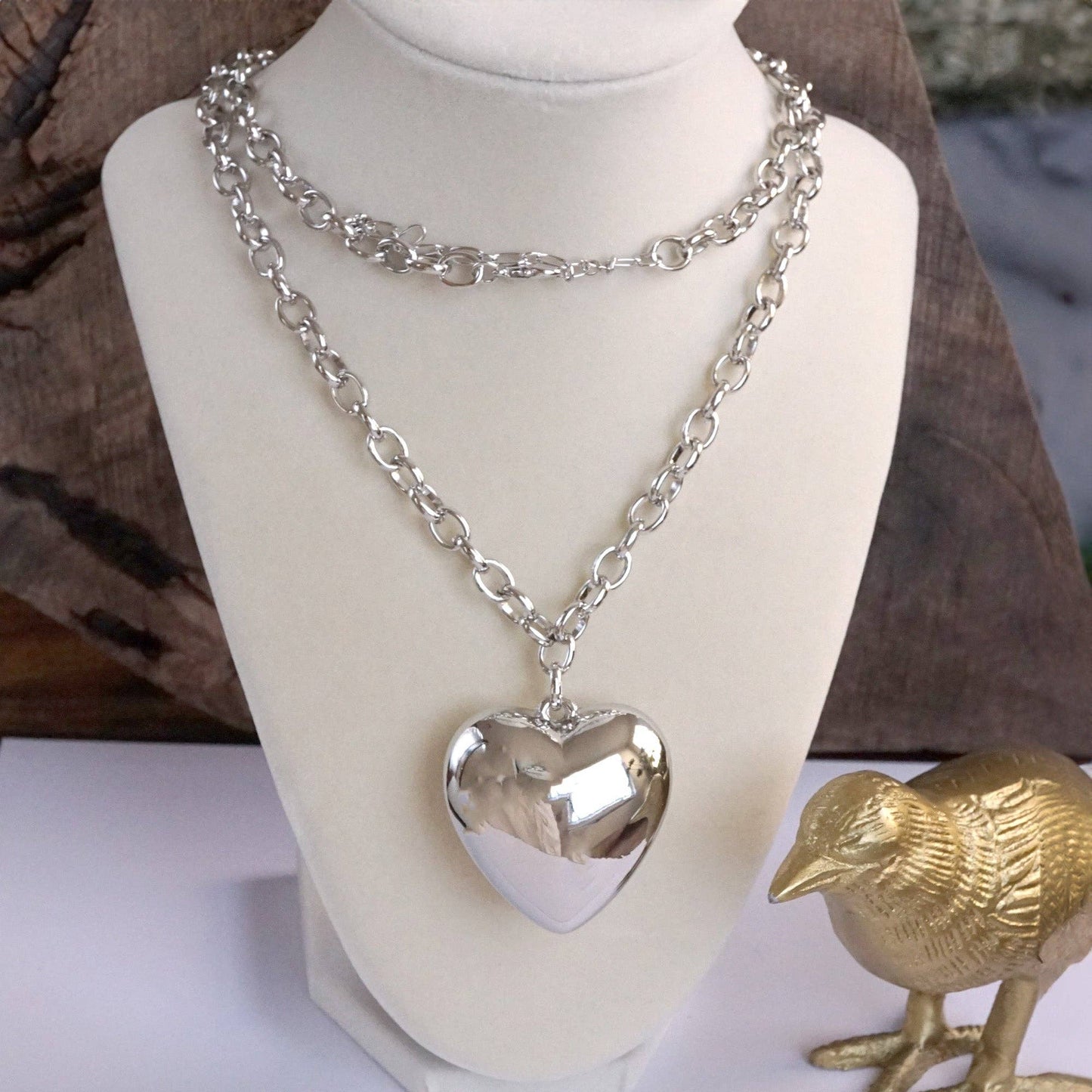 Long Minimal Chain Necklace with Puffy Heart – Gold or Silver Tone: Silver Tone