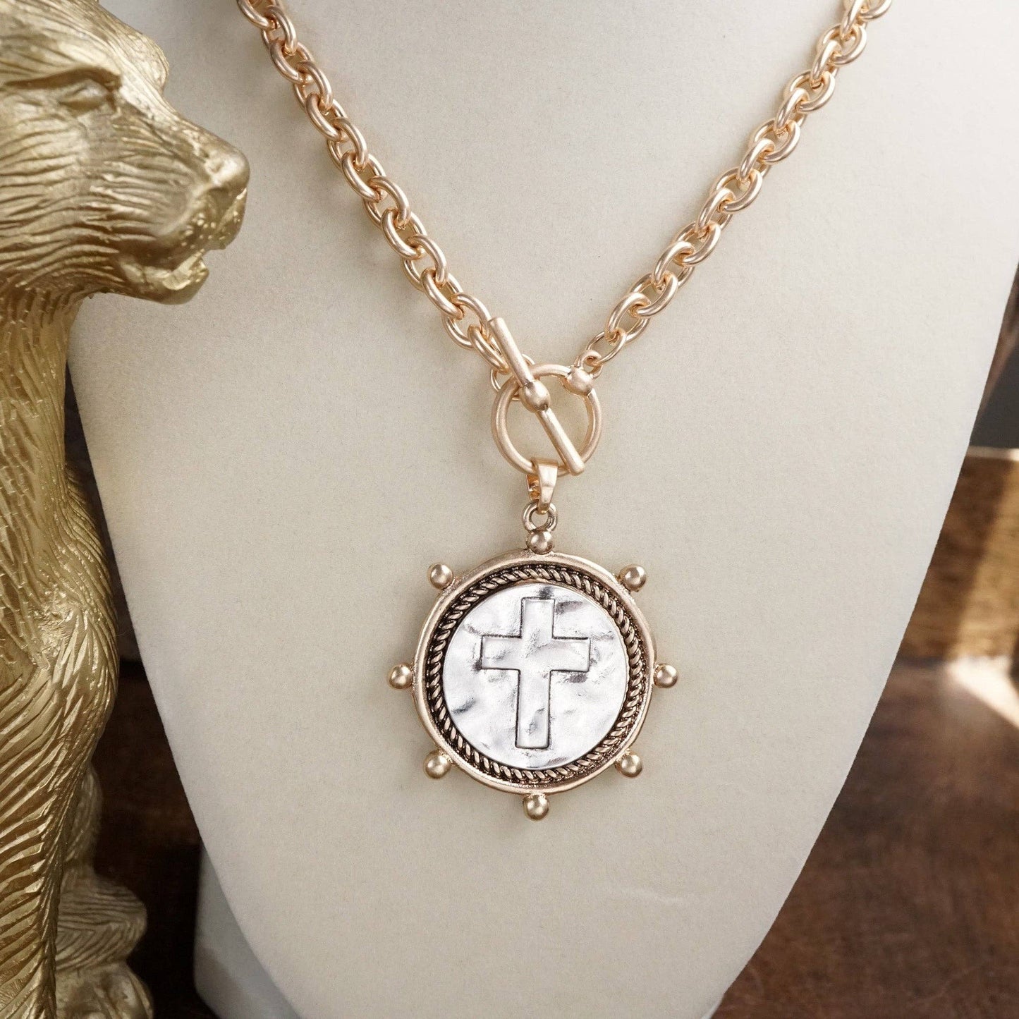 Cross Coin Chain Necklace with Front Toggle Closure – Silver or Gold Tone: Worn Gold Tone
