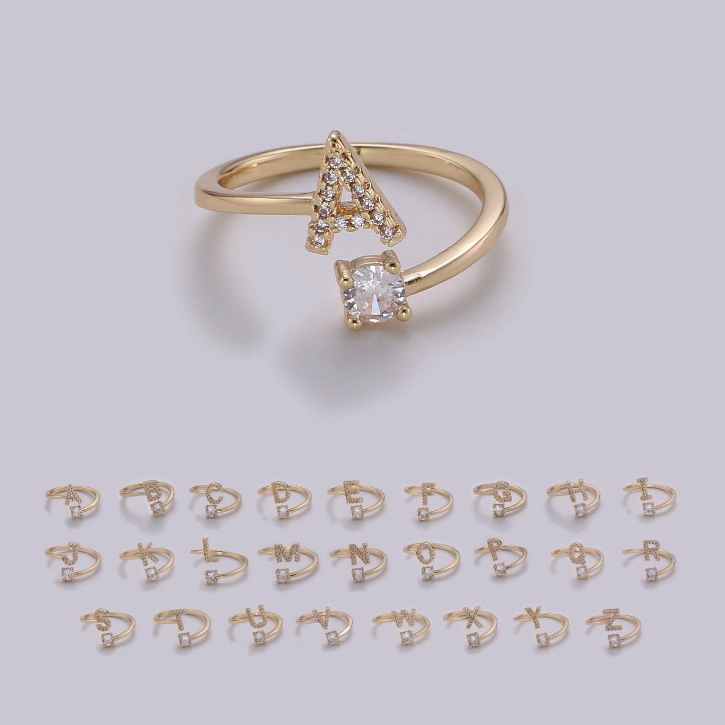 Adjustable Gold Initial Ring With CZ R370~R395: T