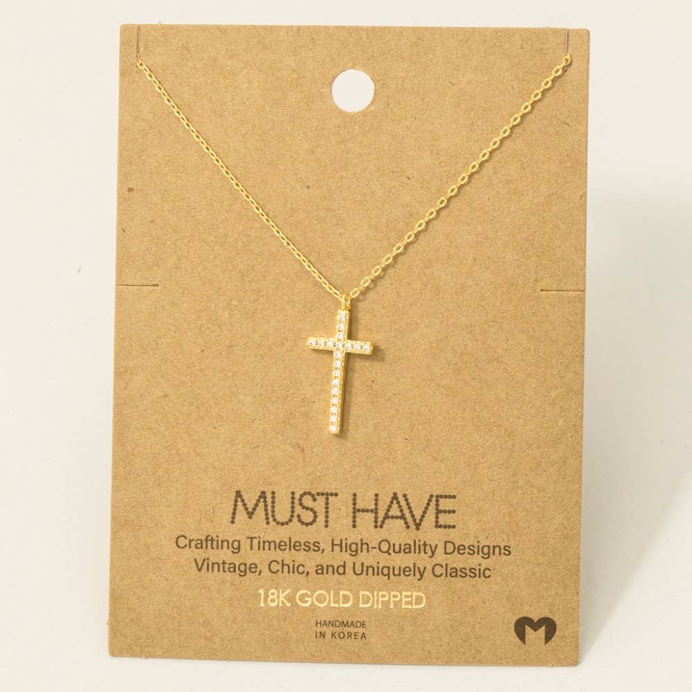 Gold Dipped Cz Pave Cross Pendant Necklace: G