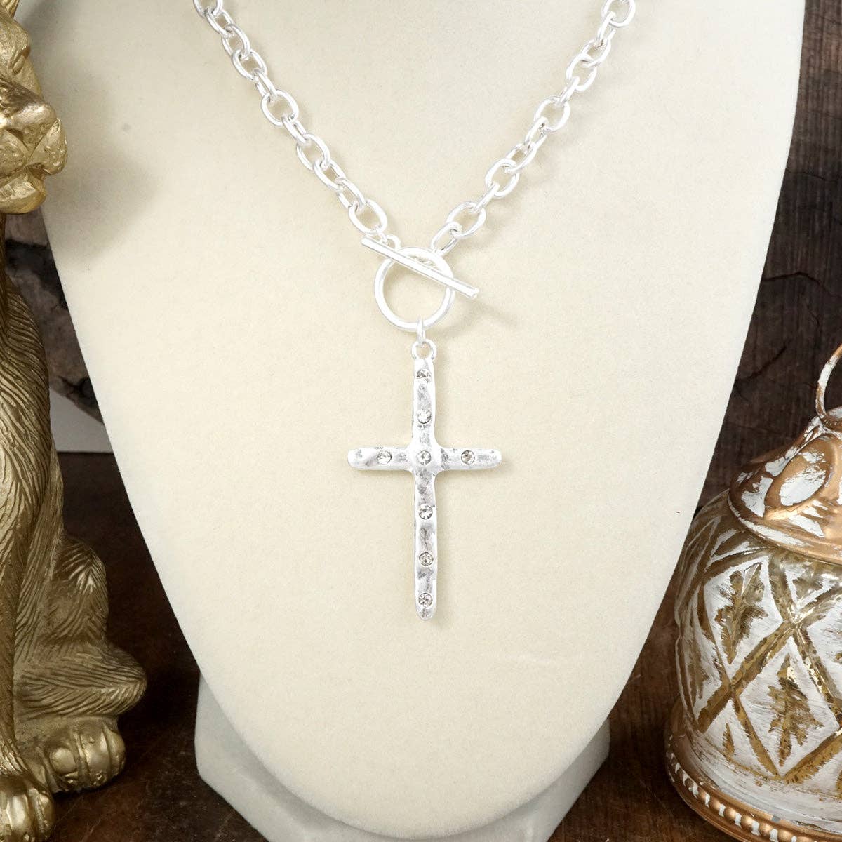 Divine Simplicity – Hammered Cross Front Toggle Necklace: Worn Silver Tone