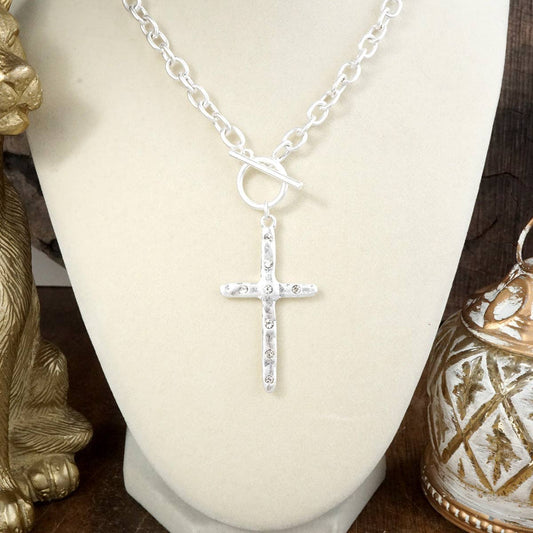 Divine Simplicity – Hammered Cross Front Toggle Necklace: Worn Silver Tone