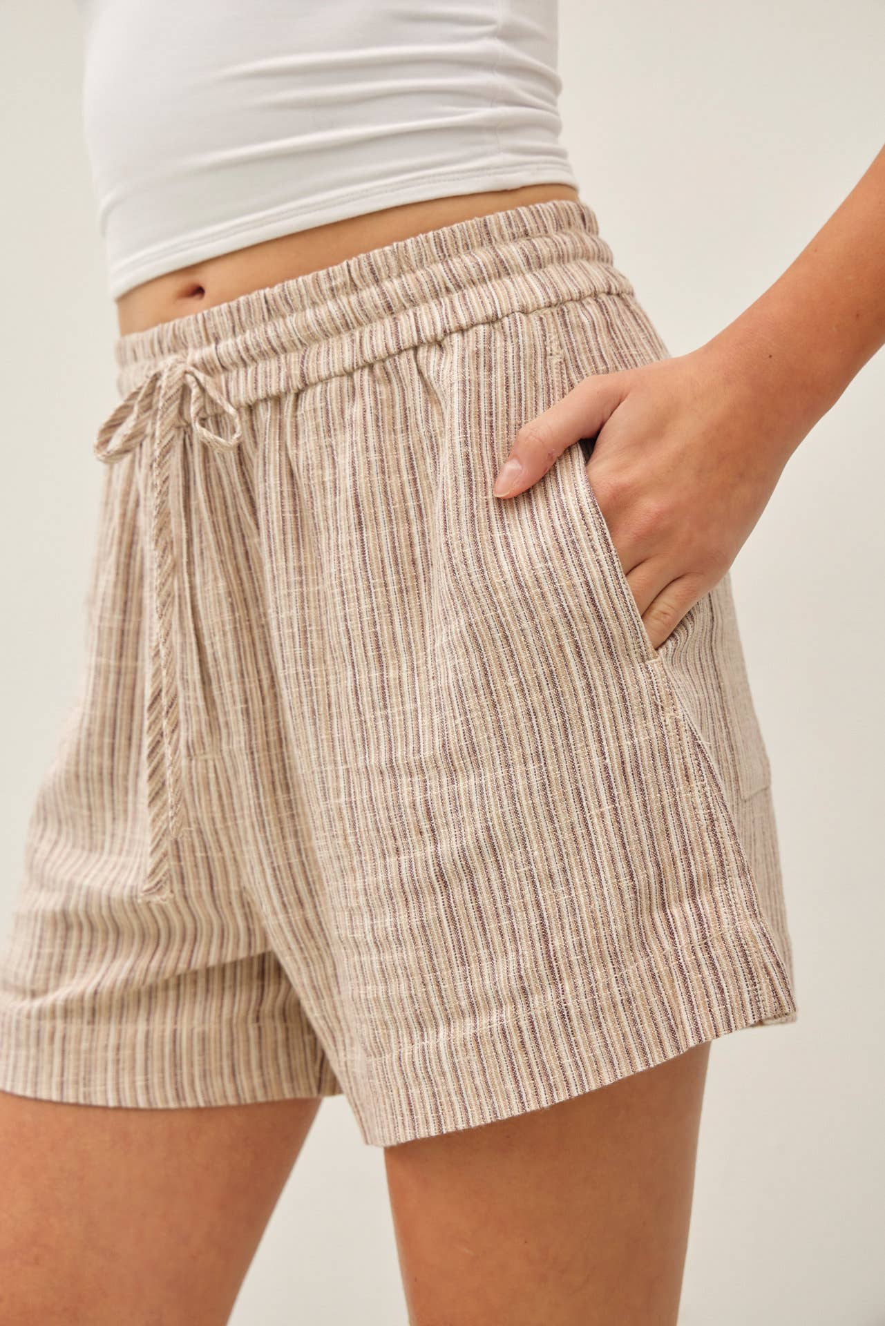 Linen Blend Striped Shorts in Brown