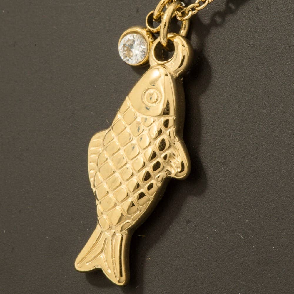 Stainless Steel Fish And Cz Gem Pendant Necklace: G