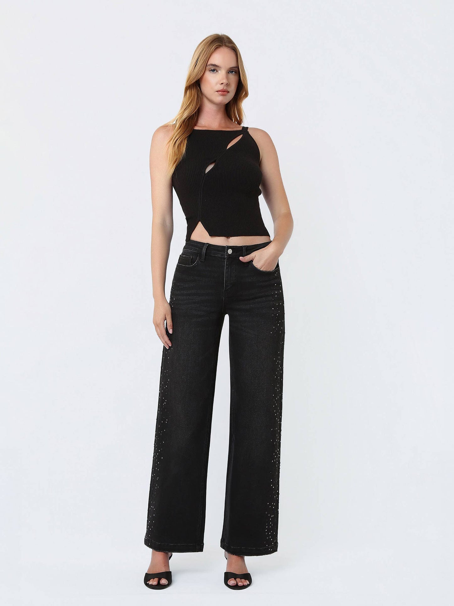 High Rise Black Rhinestone Jeans