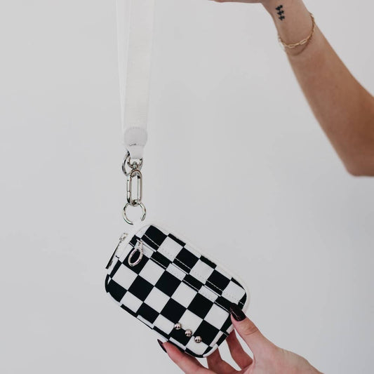 Nelly Nylon Card Wallet Wristlet: Checkered White/Black