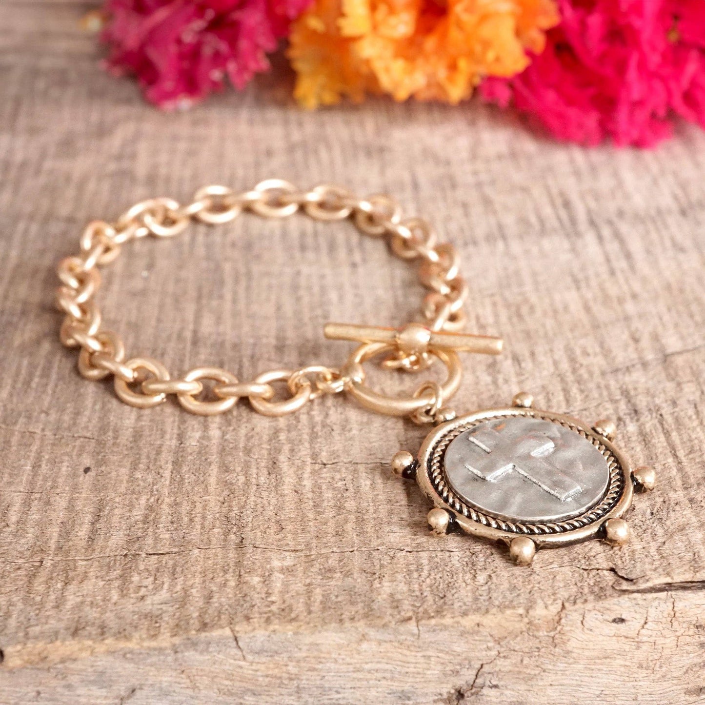 Cross Coin Chain Bracelet Toggle Closure Silver or Gold Tone: Silver Tone