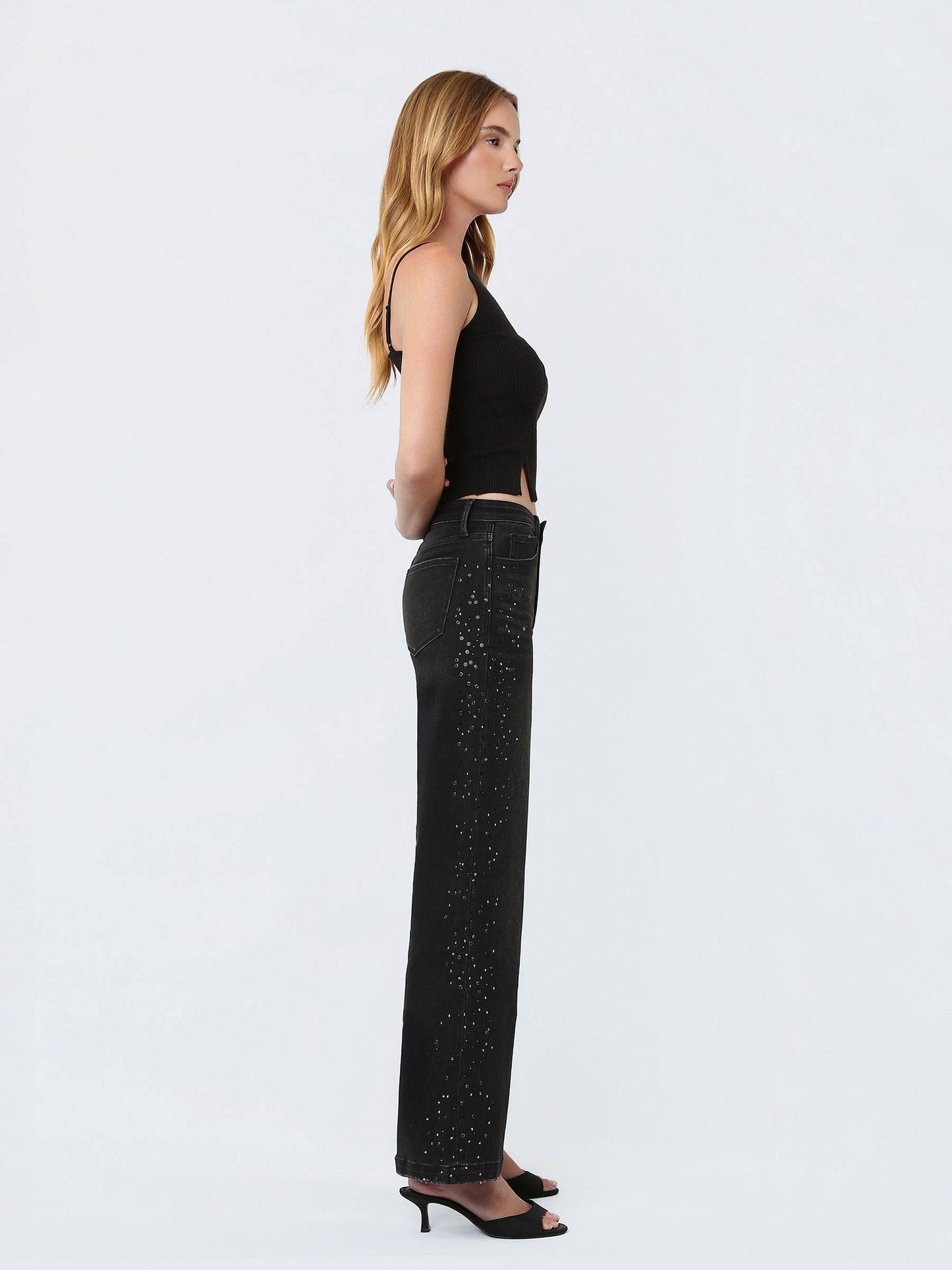High Rise Black Rhinestone Jeans