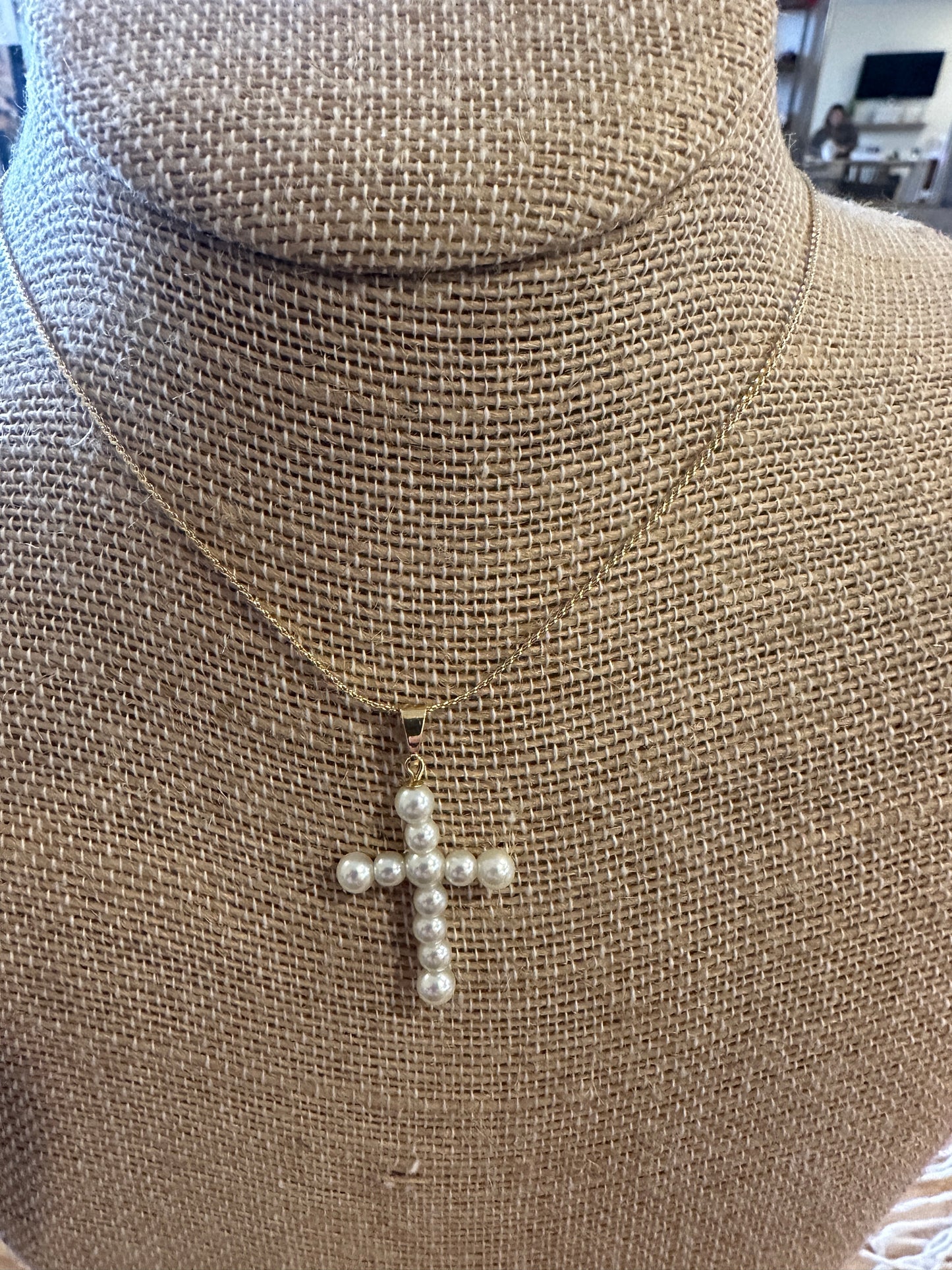 18k Gold Filled Pearl Cross Pendant Necklace