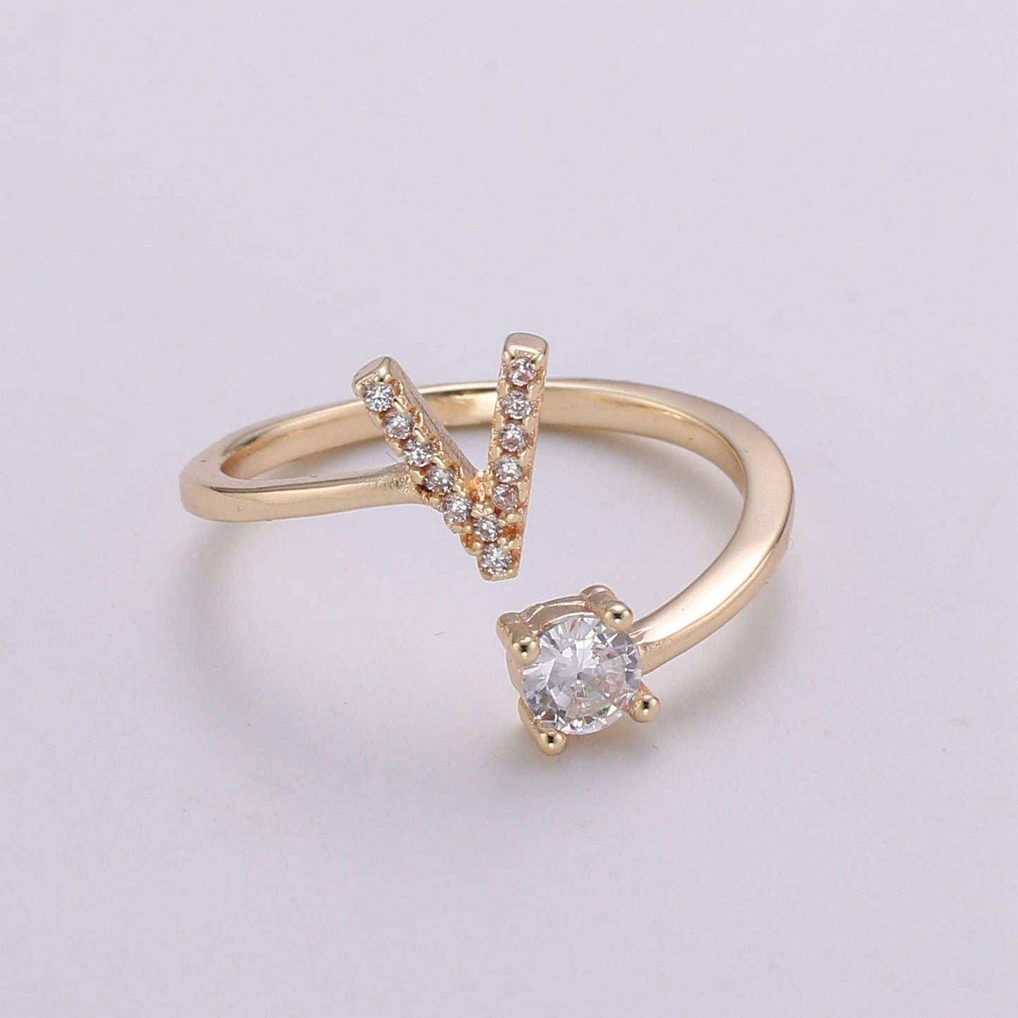 Adjustable Gold Initial Ring With CZ R370~R395: T