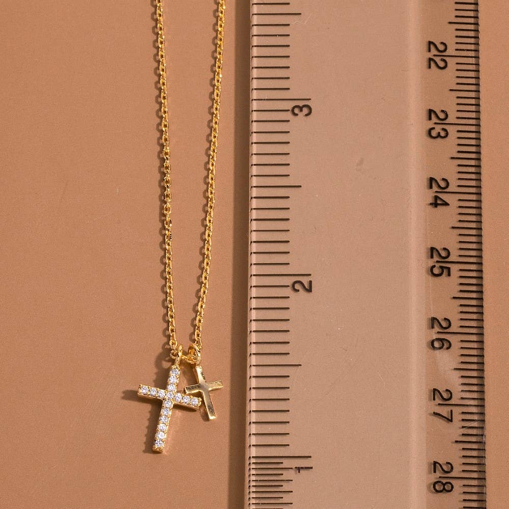 Cz Pave Double Cross Pendant Necklace: G
