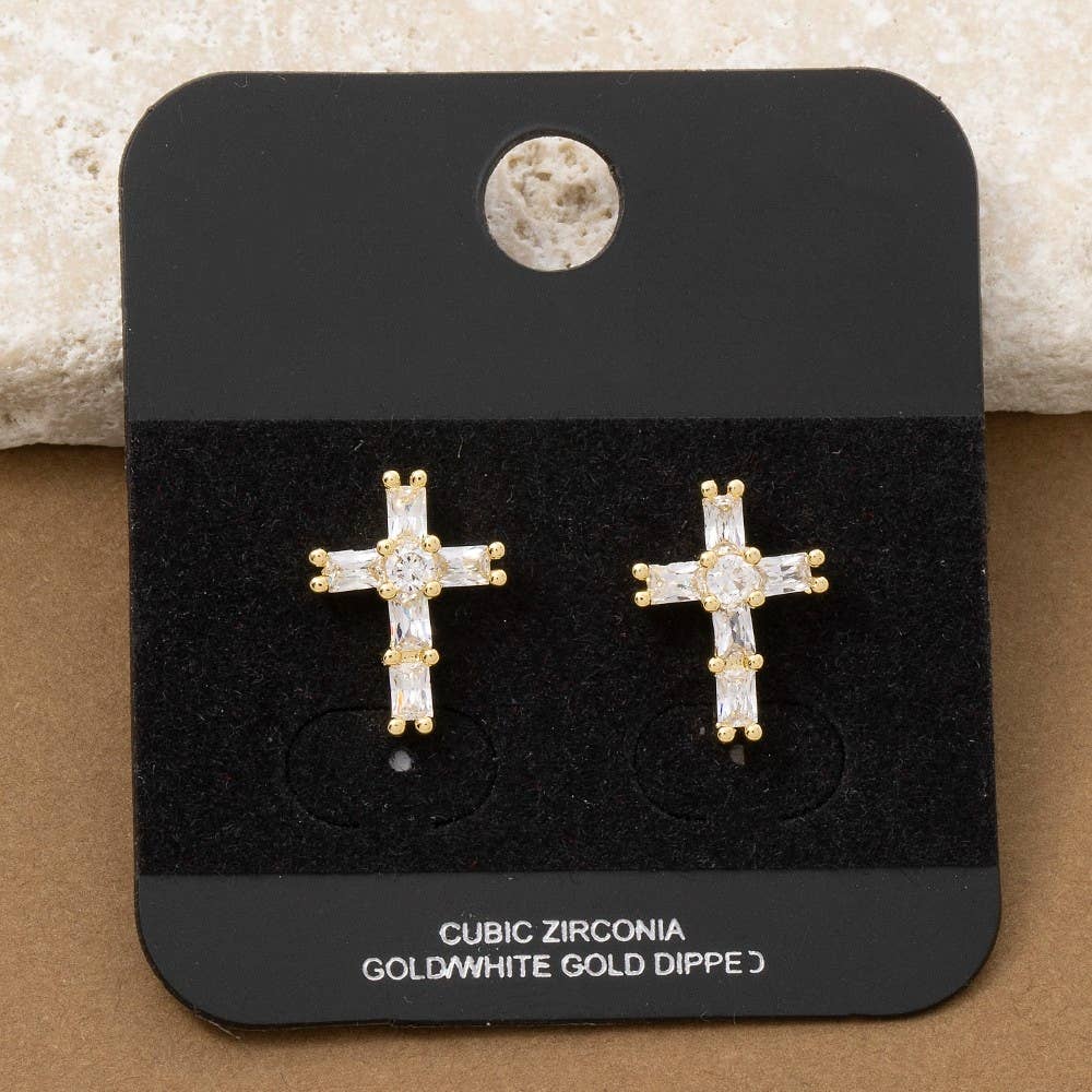 Gold Dipped Cz Baguettes Cross Stud Earrings: G