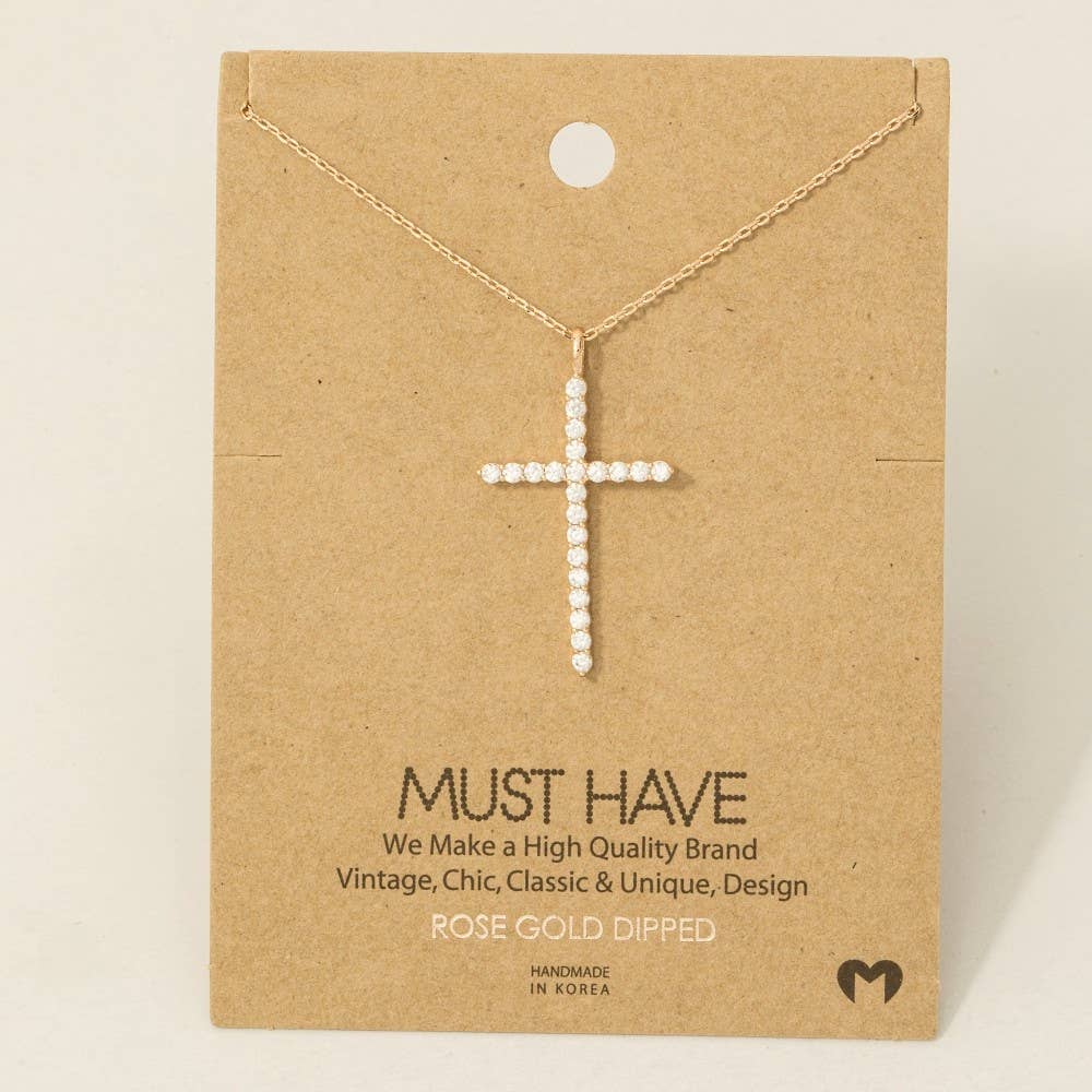Gold Dipped Pave Cross Pendant Chain Necklace