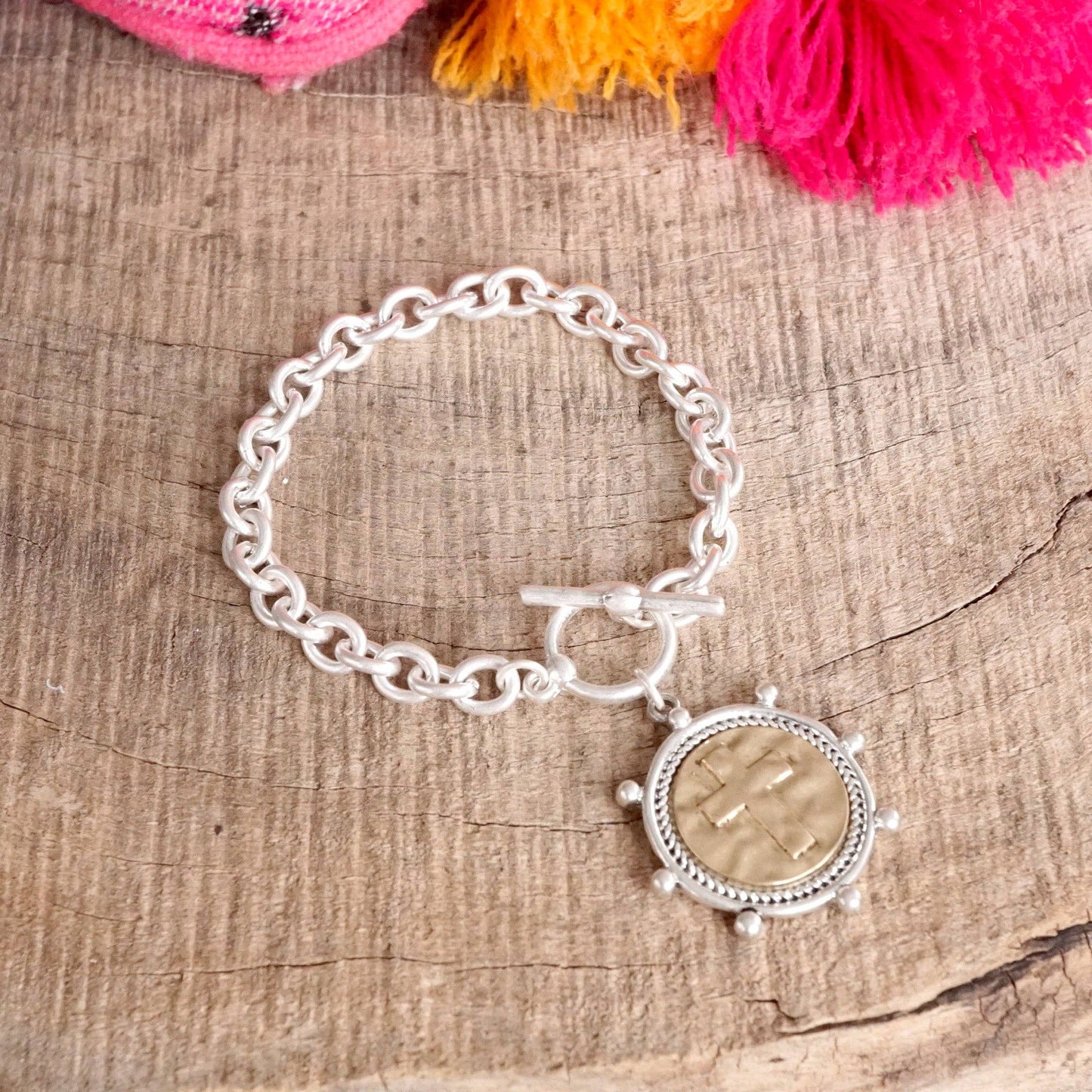 Cross Coin Chain Bracelet Toggle Closure Silver or Gold Tone: Silver Tone