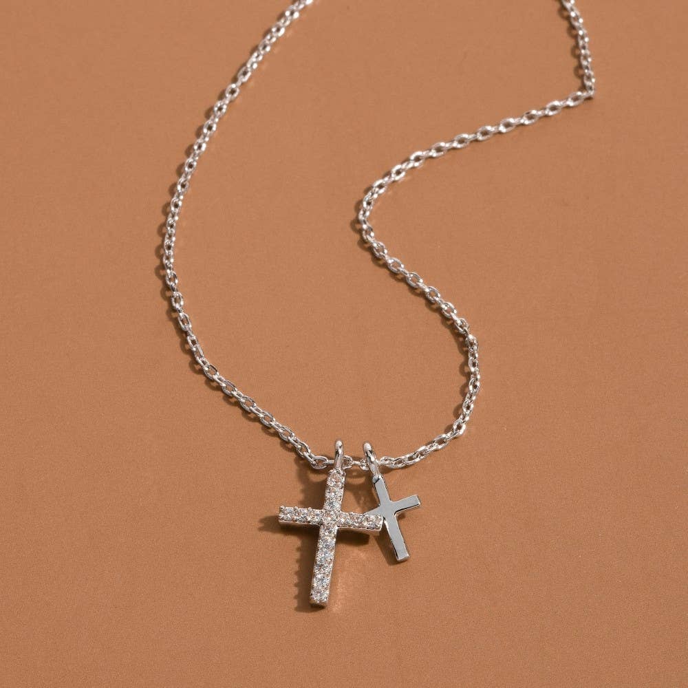 Cz Pave Double Cross Pendant Necklace: S