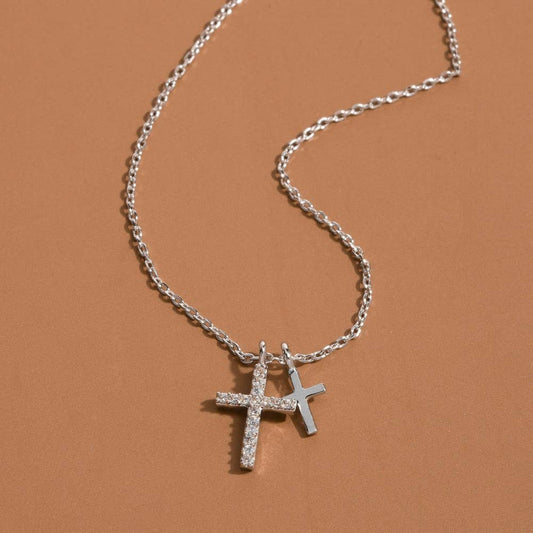Cz Pave Double Cross Pendant Necklace: S