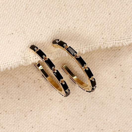 Chic Black Baguette Hoop Earrings | 18k Gold Filled Jewelry