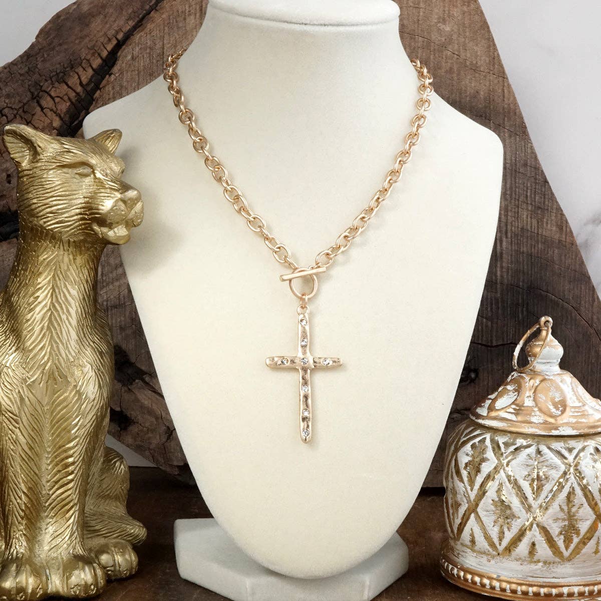 Divine Simplicity – Hammered Cross Front Toggle Necklace: Worn Gold Tone