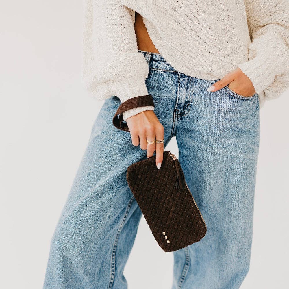 Suede Emma Woven Clutch Wristlet: Burgundy
