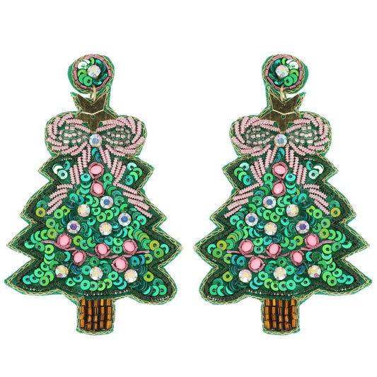 Christmas Tree Sequins Embroidered Earrings : Green