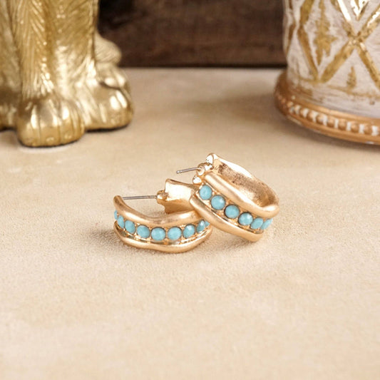 Minimalist Hoops with Faux Pearls or Turquoise – Brushed Gold: Turquoise