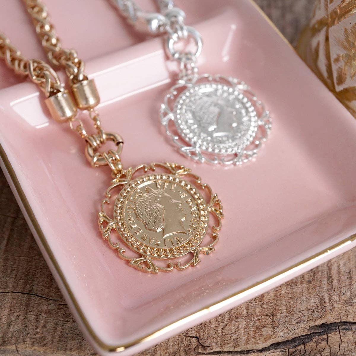 Heirloom Reverie – Ornate Coin Pendant Necklace: Worn Silver Tone