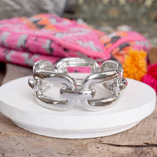 Chunky Chain Statement Stretchy Bangle Bracelet in gold or silver tone: Silver Tone